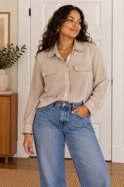 Vintage Martinique Taupe Whipstitch Button Up Blouse 12 Western Minimalist ✨